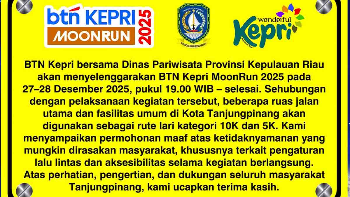 BTN Kepri Moon Run 2025, Pemprov Kepri Terapkan Penutupan Jalan Sementara di Depan Gedung Daerah Tanjungpinang