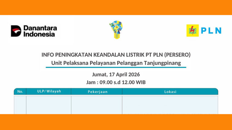Pemadaman Listrik di Tanjungpinang, Masjid Nurul Huda dan Tunas Ilmu Ikut Padam Hari Ini, Jumat 17 April 2026